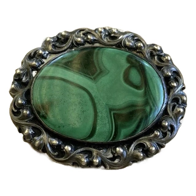 1900 - 1909 Rare Antique Silver and Malachite Robert Merath Ulm Signed Brooch For Sale