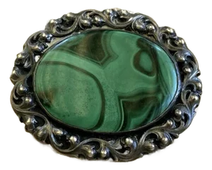 1900 - 1909 Rare Antique Silver and Malachite Robert Merath Ulm Signed Brooch