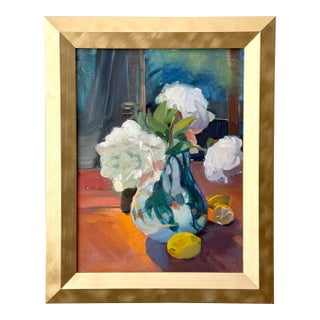 Modern Impressionist Oil on Canvas Board Still Life of Peonies & Lemons Framed For Sale