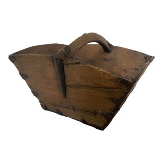 Antique Chinese Rice Grain Measure Box Dou Wooden Primitive Basket Bucket Iron For Sale