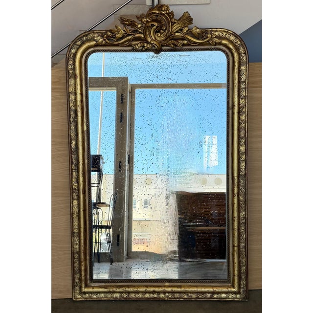 Wood French 19th Century Large Vertical Gold Gilt Mirror with Floral crest For Sale - Image 7 of 18