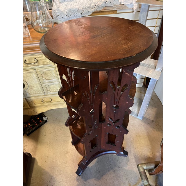 Gothic Antique Walnut Wood Revolving Bookcase on Wheels For Sale - Image 3 of 7