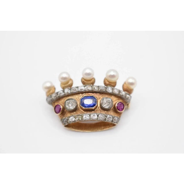 Antique Pearl, Ruby, Sapphire and Diamond Crown Brooch For Sale - Image 4 of 9