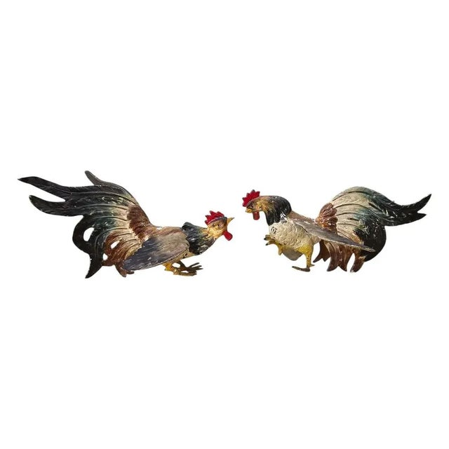 Antique Painted Metal Rooster Decorative Figurines, 1920s, Set of 2 For Sale - Image 4 of 10