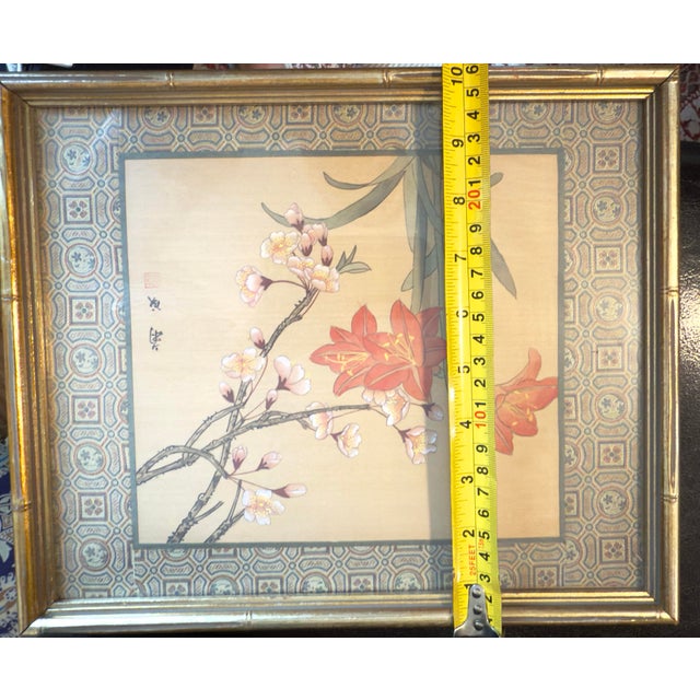 Textile Vintage Chinese Floral Watercolor Ju Cheng Bamboo Frame For Sale - Image 7 of 12