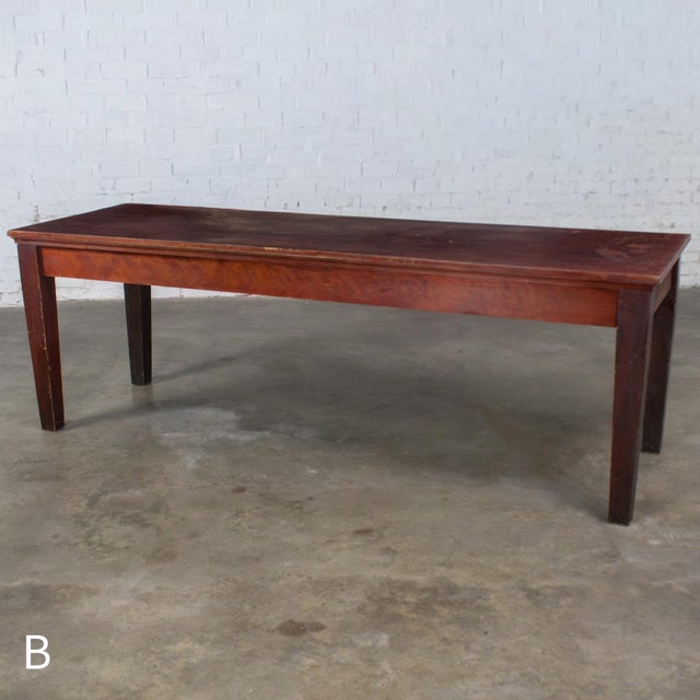 Wonderful vintage Rustic Farmhouse Harvest style dining table with solid mahogany top, thick veneered legs, and a very...