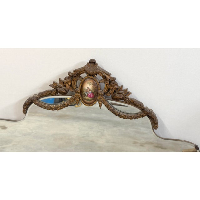 Ceramic Mid-20th Century Mid-Century French Rococo Style Gilt Wall Mirror With Romantic Courting Couple Porcelain Plaque For Sale - Image 7 of 14