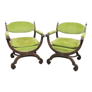 Hollywood Regency Green Upholstered Walnut X Base Chairs - a Pair For Sale