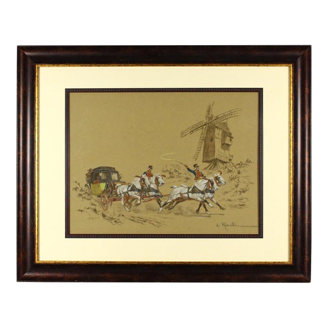 Antique De Marcillac French Gouache and Watercolor Painting of a Stage Coach & Windmill For Sale