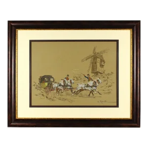 Antique De Marcillac French Gouache and Watercolor Painting of a Stage Coach & Windmill