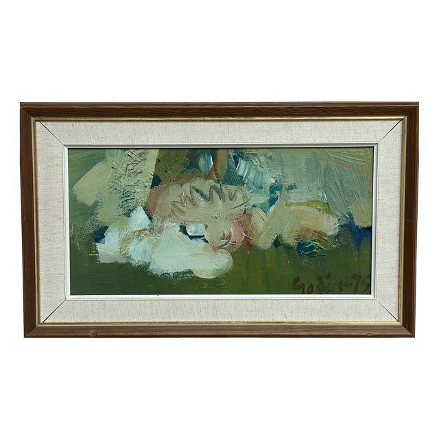Ragnar Godin, Composition in Green, 1975, Oil on Panel, Framed For Sale