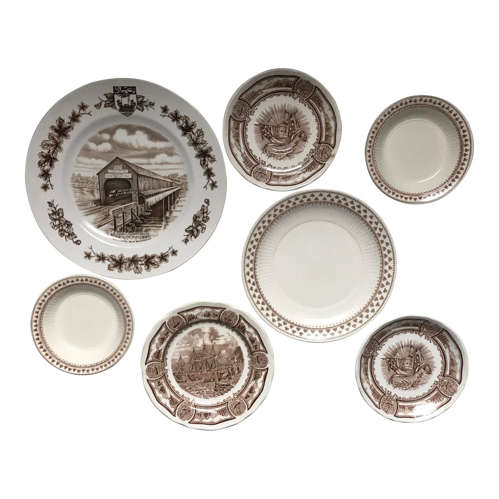 Vintage Brown & White Transferware Decorative Plate Set 7 Pieces Chairish