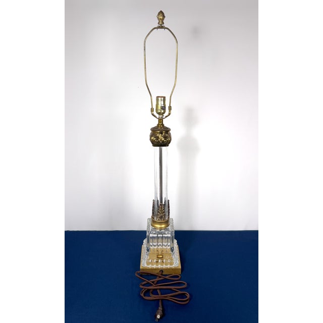 Brass 1950s Monumental 35" Paul Hanson Neoclassical Fluted Crystal & Brass Column Lamp For Sale - Image 8 of 12
