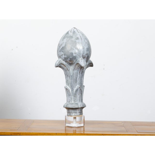 19th Century French Zinc Crowned Acorn Decorative Finial on Custom Lucite Base For Sale - Image 4 of 9