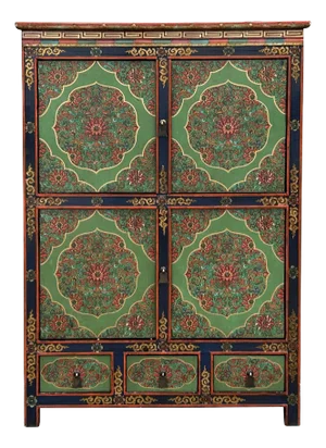 Tibetan Style Lotus Green Geometric Graphic Credenza Storage Cabinet
