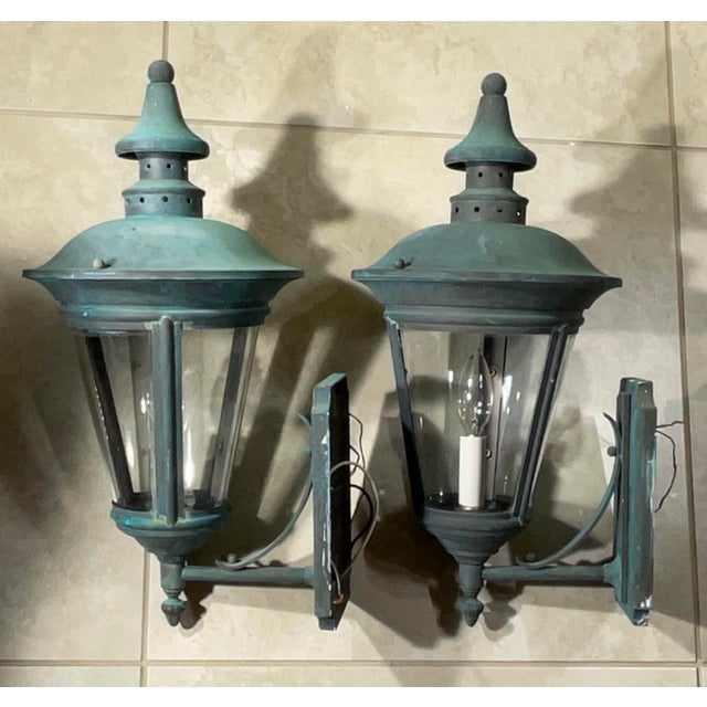 Timeless Elegance: Pair of Antique Verdigris Brass Wall Lanterns For Sale - Image 4 of 12
