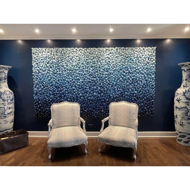 Rococo Louis XV Style Silver Leaf Fauteuils / Arm Chairs With Light Blue & White Leopard Upholstery — a Pair For Sale - Image 3 of 13