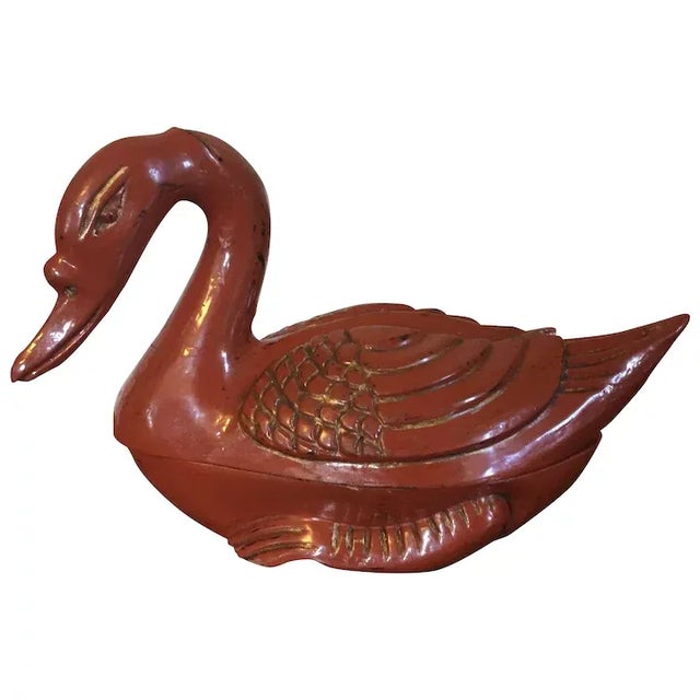 Antique Chinese Red Orange Lacquer Carved Wood Duck Goose Box For Sale - Image 11 of 11