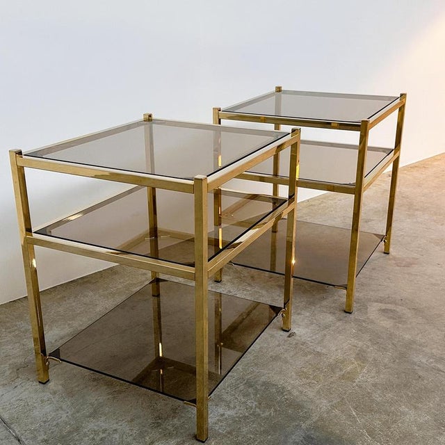 Vintage Brass and Smoked Glass 3-Tier Side Tables, 1970s, Set of 2 For Sale - Image 4 of 12