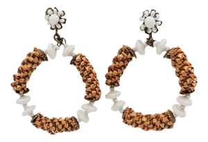 1970s Miriam Haskell Woven Wicker & White Beaded Hoop Earrings - 2 Pieces
