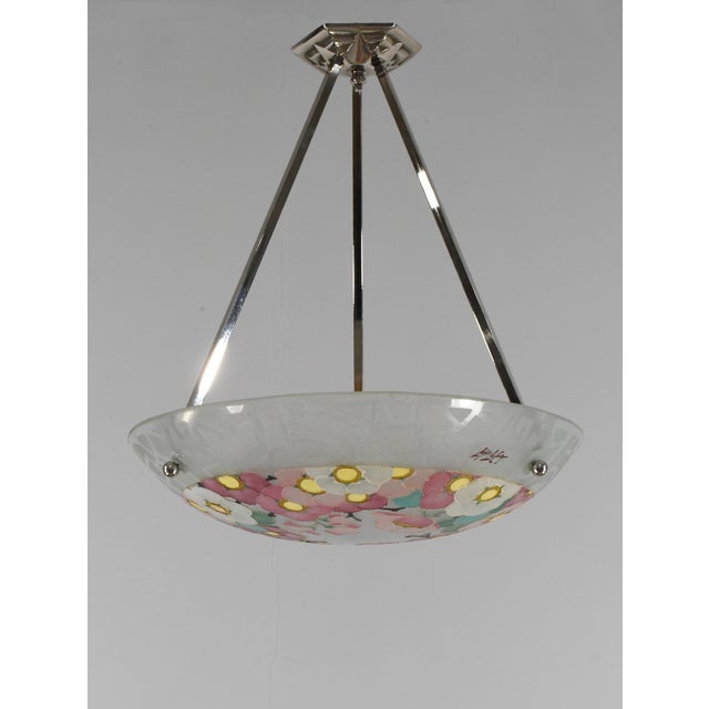 Metal French Art Deco Pendant Light by Loys Lucha 1930s - Pink Enameled Floral Bowl For Sale - Image 7 of 13