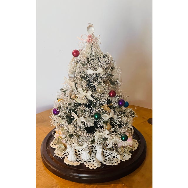 Shabby Chic Vintage Artisan Mini Christmas Tree W Angels Under Glass Dome For Sale - Image 3 of 8