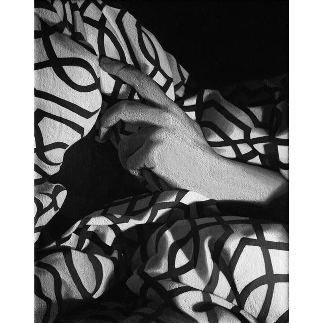 Hand Study #1 by Rebecca Mason Adams | Acrylic on canvas Study of a hand on patterned fabric For Sale