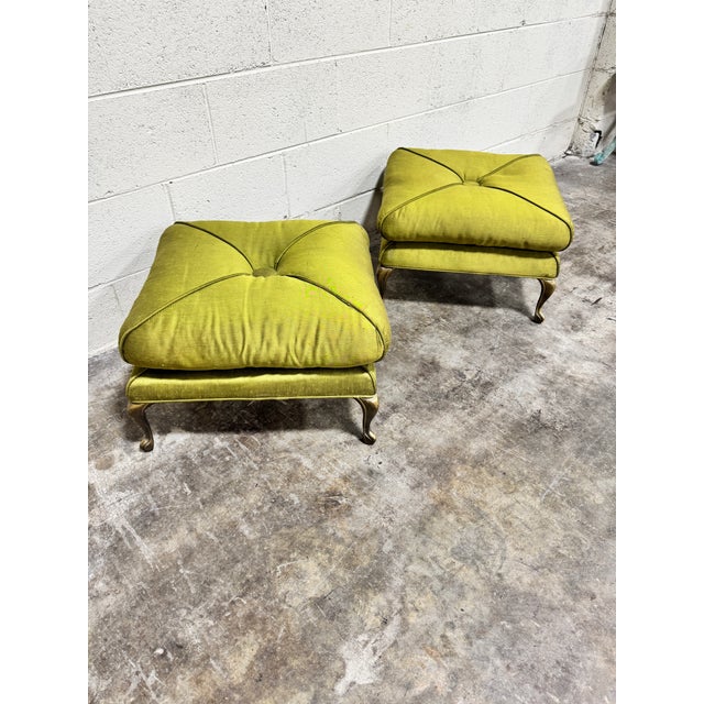 Hollywood Regency Olive Green Silk Button Tufted Footstools - A Pair For Sale - Image 4 of 12
