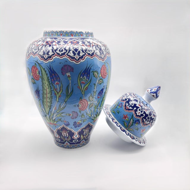 Handmade Ceramic Grand Shah Jar (60cm) Azure Blue Background Red Tulips Temple Jar For Sale - Image 6 of 7