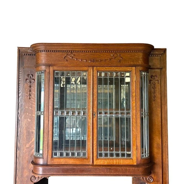 Art Nouveau Art Nouveau Oak & Leaded Beveled Glass Bar-Back C1910 For Sale - Image 3 of 14