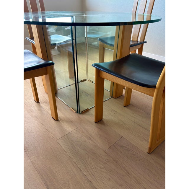 1980s Vintage Italian Glass Table With a Set of 4 Wood and Brown Leather Chairs in the Style of Pietro Costantini For Sale - Image 12 of 18
