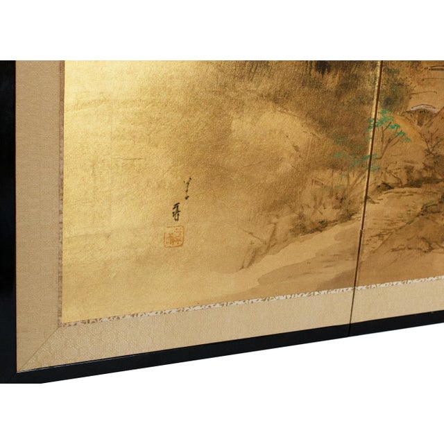 1960s Shōwa Era Japanese Byobu Screen "Landscape With Bridge" on Gold Background For Sale - Image 15 of 18
