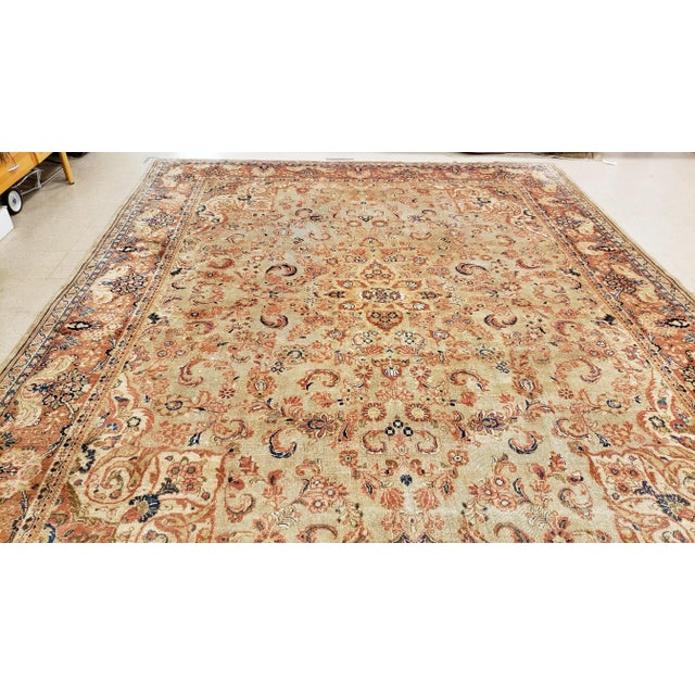 Antique Mahal Handmade Oriental Pale Green, Rust & Navy Blue Rug For Sale - Image 4 of 12