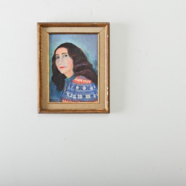 French vintage (late 20th century) framed oil portrait on panel of a lady in three-quarter view, wearing a pensive...