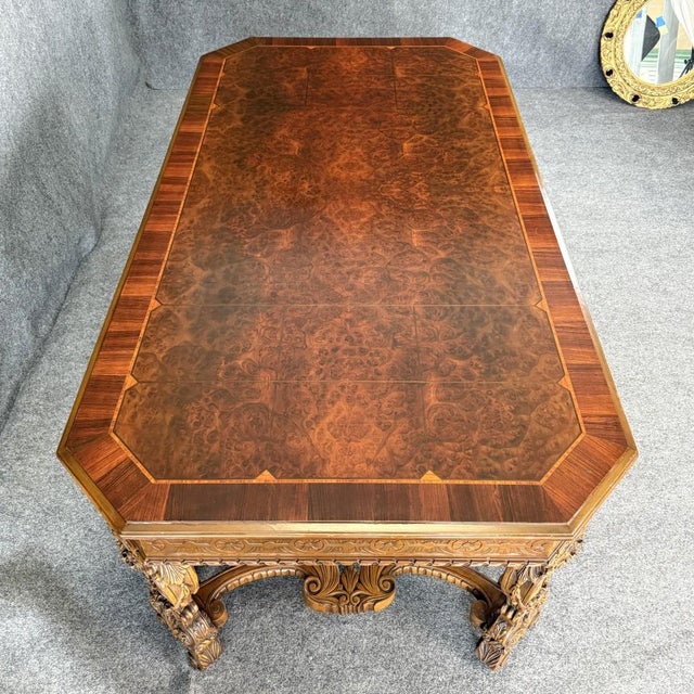 19th Century Late 1800’s European Made Heavily Carved Burled Walnut Dining Table For Sale - Image 5 of 12