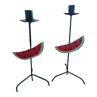 Vintage Tole Watermelon Candle Holders - a Pair For Sale