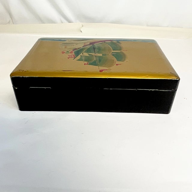 Wood Mid-Century Boho Chic Coastal Nautical Japanese Hand Painted Wooden Box For Sale - Image 7 of 10