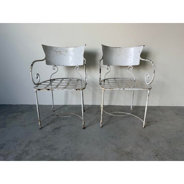 Pair of Vintage Arhaus White Metal Garden Dining Armchairs With Scroll Arms For Sale - Image 4 of 12