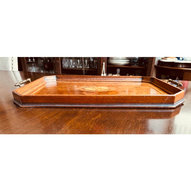 Early 20th Century Gorgeous 1900’s Antique Serving Tray, English, Mahogany With Hand Painted Design at Center. 20”x13.5” Brass Handles For Sale - Image 5 of 12