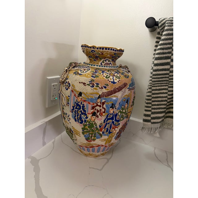 Satsuma Large 16” Vintage Japanese Satsuma-Style Moriage Vase • Hand-Painted Court Scene • Raised Enamel • Chinoiserie Decor Statement Piece For Sale - Image 4 of 5