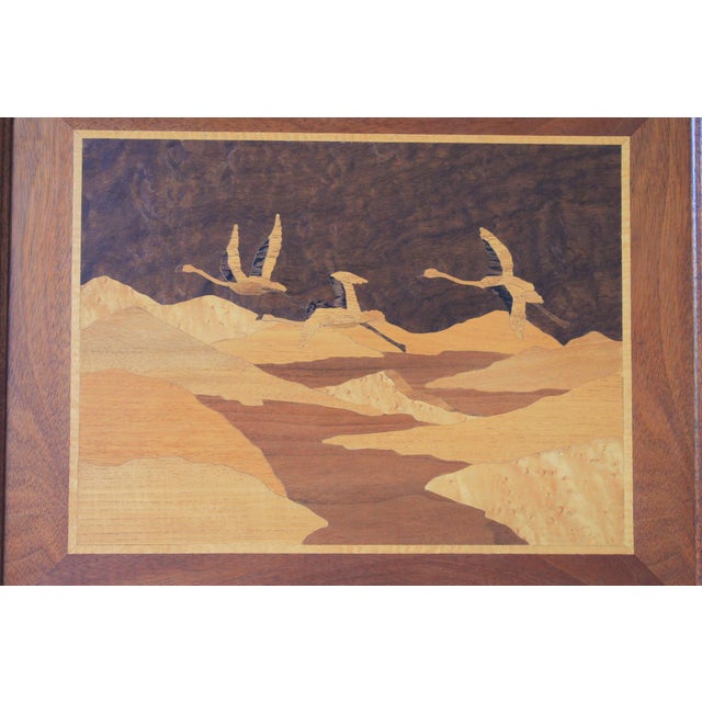 Mid-Century Modern Vintage Framed Inlay Marquetry Picture - Birds Soaring Over a Landscape For Sale - Image 3 of 4