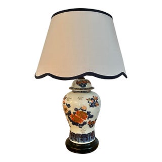 1950’s - 1960’s Wildwood Lamp Blue and White Chinoiserie Imari Porcelain With Scalloped Trimmed Shade For Sale