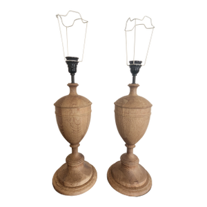 Vintage Natural Wood Urn Table Lamps, Turned Solid Oak / Ash Style - a Pair