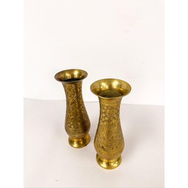 Pair of Vintage Hand Etched Brass Flower Vase Hollywood Regency Vessels MCM For Sale - Image 4 of 8