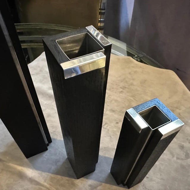 Set of Three 1980s Minimalist Ebonized Wood and Sterling Silver Vases by Silvan For Sale - Image 11 of 14