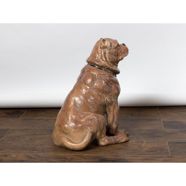 Vintage English Midcentury Sitting Bulldog Pottery Statue with Black Collar For Sale - Image 10 of 10