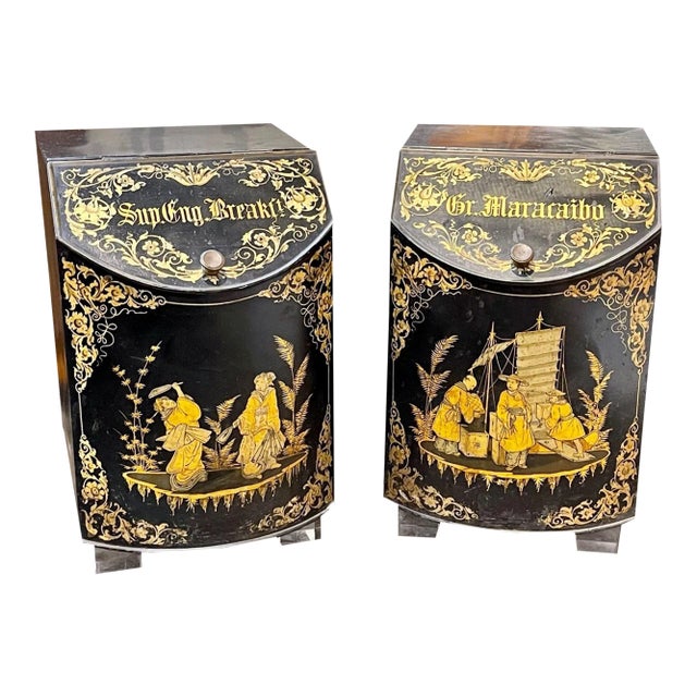 Vintage English Painted Tole Tea Can Side Tables With Chinoiserie Design - Set of 2 For Sale