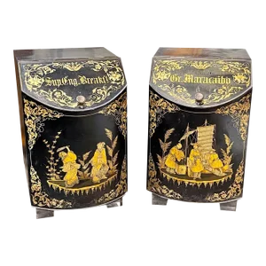 Vintage English Painted Tole Tea Can Side Tables With Chinoiserie Design - Set of 2