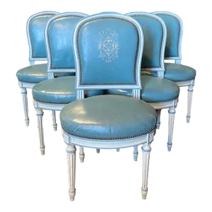 Blue Leather Gold Embossed French Louis XVI Painted Dining Chairs -Set of 6