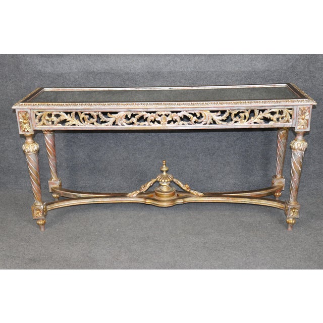1960's Louis XVI Style Mirrored Top Console DIstressed Silver and Gold Accents For Sale - Image 4 of 13